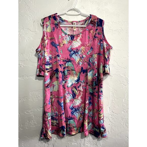 Shoreline artsy abstract wacky cold shoulder tunic top womens large lagenlook - Picture 1 of 8